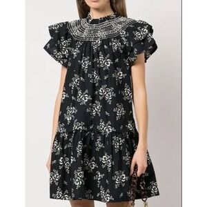 Sea New York Alessia Tunic Dress Black Floral Mini Small Embroidered Cottagecore